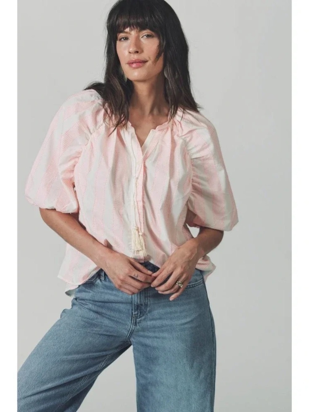 The Shirt Rochelle Behrens The Antoinette Pink Stripe Puff Sleeve Blouse M